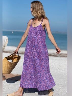 Emerson Fry India Sundress Violet Wildflower Tie Straps M L Tiered Maxi Dress